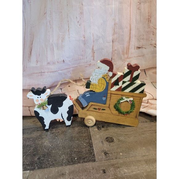 Wooden cow Santa Claus sleigh gifts mistletoe figured decor Xmas - Picture 1 of 6